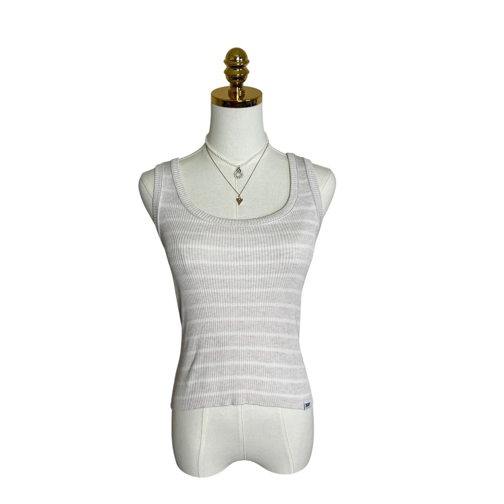 DKNY Jeans Womens XS Ribbed Knit Striped Tank Top Cream Beige Scoop Neck